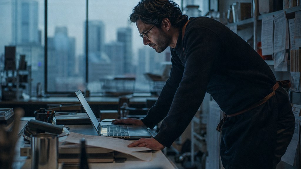 A small-business owner in an apron leaning over a laptop on a cluttered back-office desk late in the day, photographed in Calgary