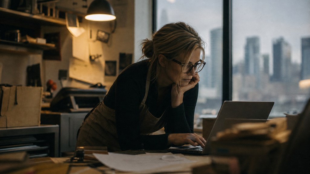 A small-business owner in an apron leaning over a laptop on a cluttered back-office desk late in the day, photographed in Calgary