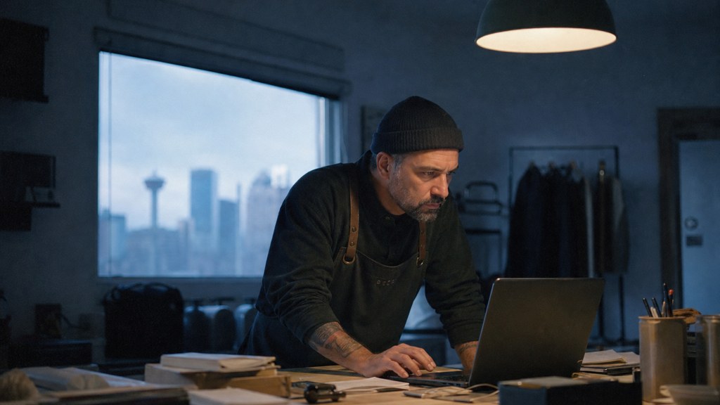 A small-business owner in an apron leaning over a laptop on a cluttered back-office desk late in the day, photographed in Calgary