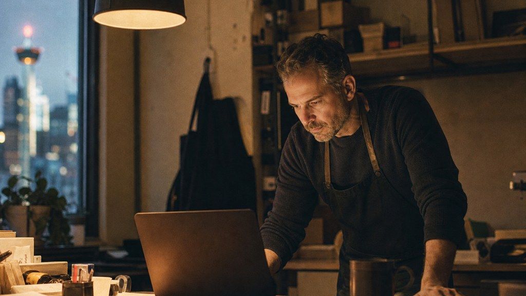 A small-business owner in an apron leaning over a laptop on a cluttered back-office desk late in the day, photographed in Calgary