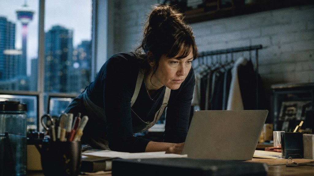 A small-business owner in an apron leaning over a laptop on a cluttered back-office desk late in the day, photographed in Calgary