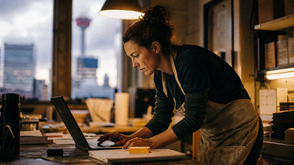 A small-business owner in an apron leaning over a laptop on a cluttered back-office desk late in the day, photographed in Calgary