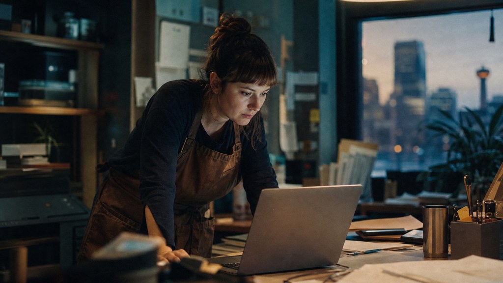 A small-business owner in an apron leaning over a laptop on a cluttered back-office desk late in the day, photographed in Calgary