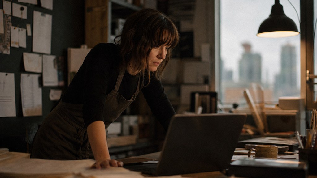 A small-business owner in an apron leaning over a laptop on a cluttered back-office desk late in the day, photographed in Calgary