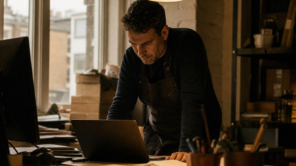A small-business owner in an apron leaning over a laptop on a cluttered back-office desk late in the day, photographed in Cardiff