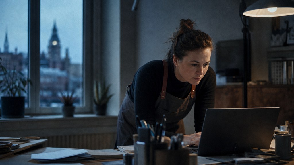 A small-business owner in an apron leaning over a laptop on a cluttered back-office desk late in the day, photographed in Cardiff