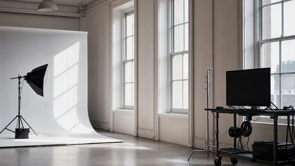 Photograph of an empty video production studio in Washington, DC with a cyclorama backdrop, a softbox on a light stand, a c-stand, cable coils and a monitor cart, illustrating this comparison of 14 Washington, DC video production agencies