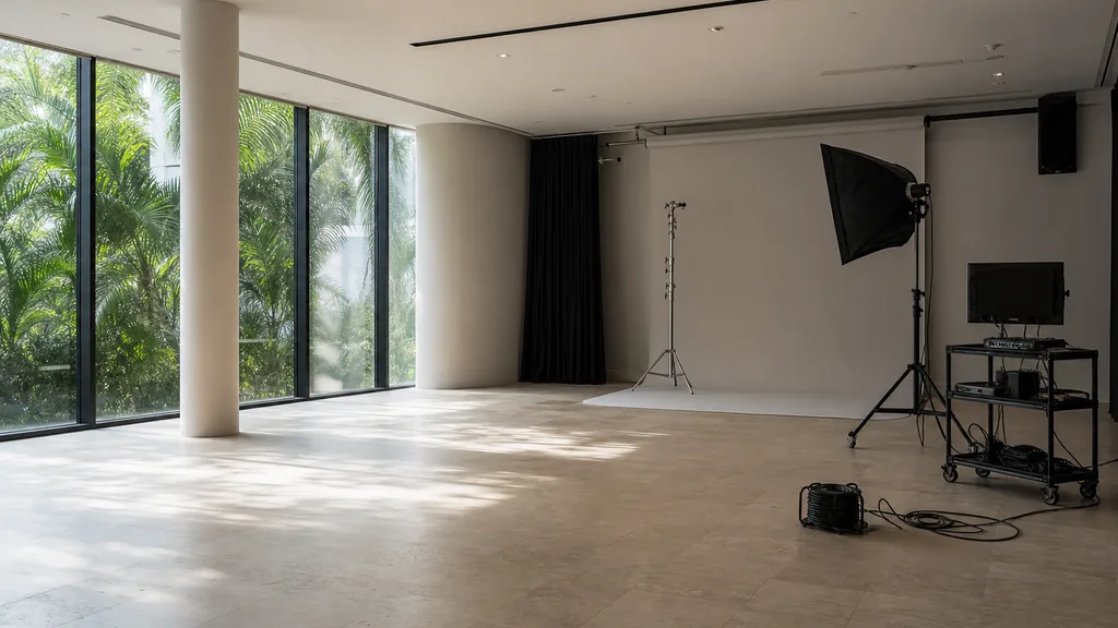 Photograph of an empty video production studio in Singapore with a cyclorama backdrop, a softbox on a light stand, a c-stand, cable coils and a monitor cart, illustrating this comparison of 13 Singapore video production agencies