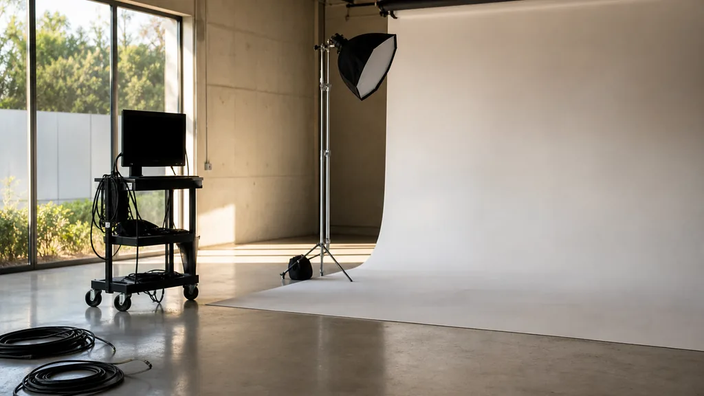 Photograph of an empty video production studio in San Jose with a cyclorama backdrop, a softbox on a light stand, a c-stand, cable coils and a monitor cart, illustrating this comparison of 12 San Jose video production agencies