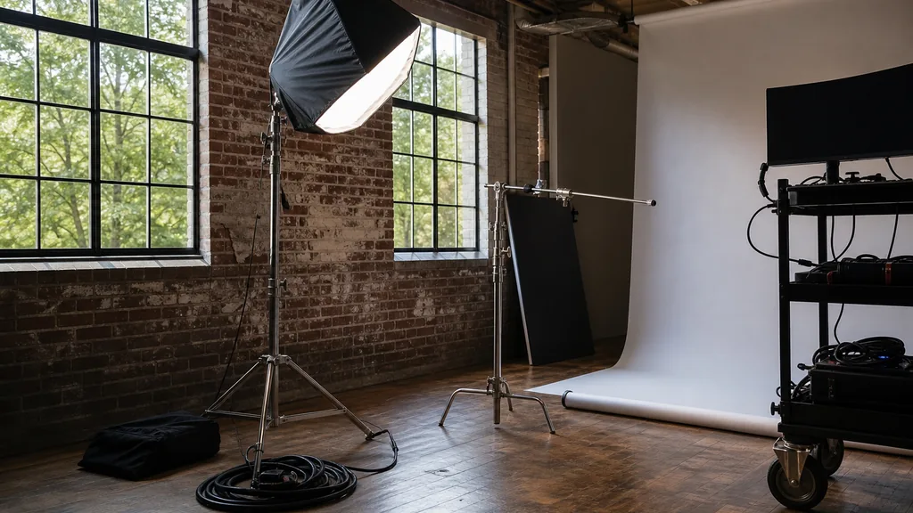 Photograph of an empty video production studio in Raleigh with a cyclorama backdrop, a softbox on a light stand, a c-stand, cable coils and a monitor cart, illustrating this comparison of 12 Raleigh video production agencies