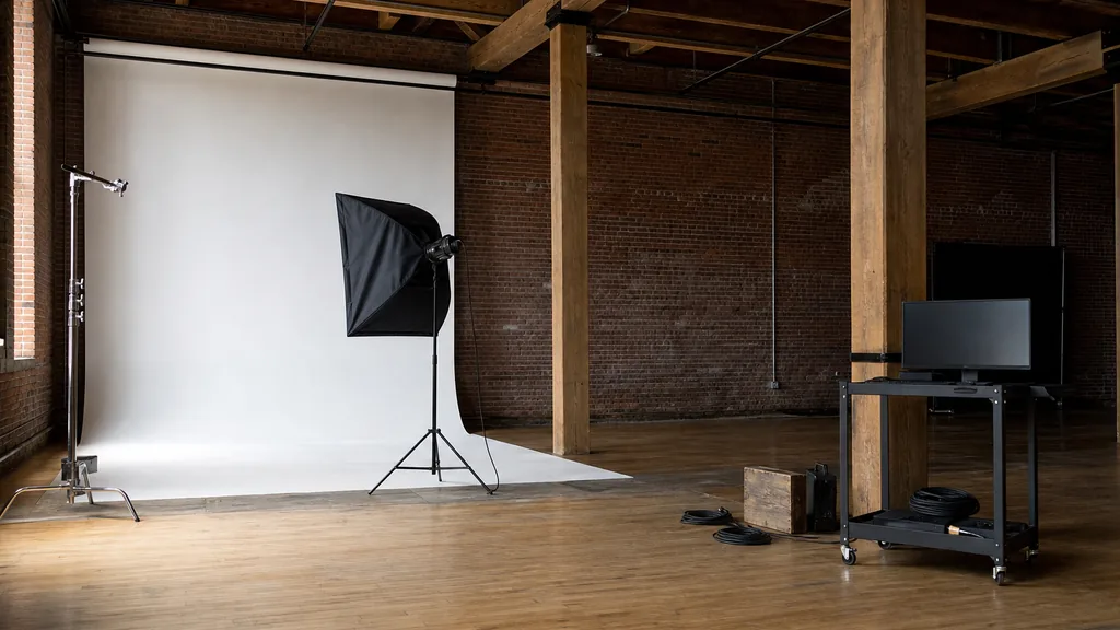 Photograph of an empty video production studio in Richmond with a cyclorama backdrop, a softbox on a light stand, a c-stand, cable coils and a monitor cart, illustrating this comparison of 11 Richmond video production agencies