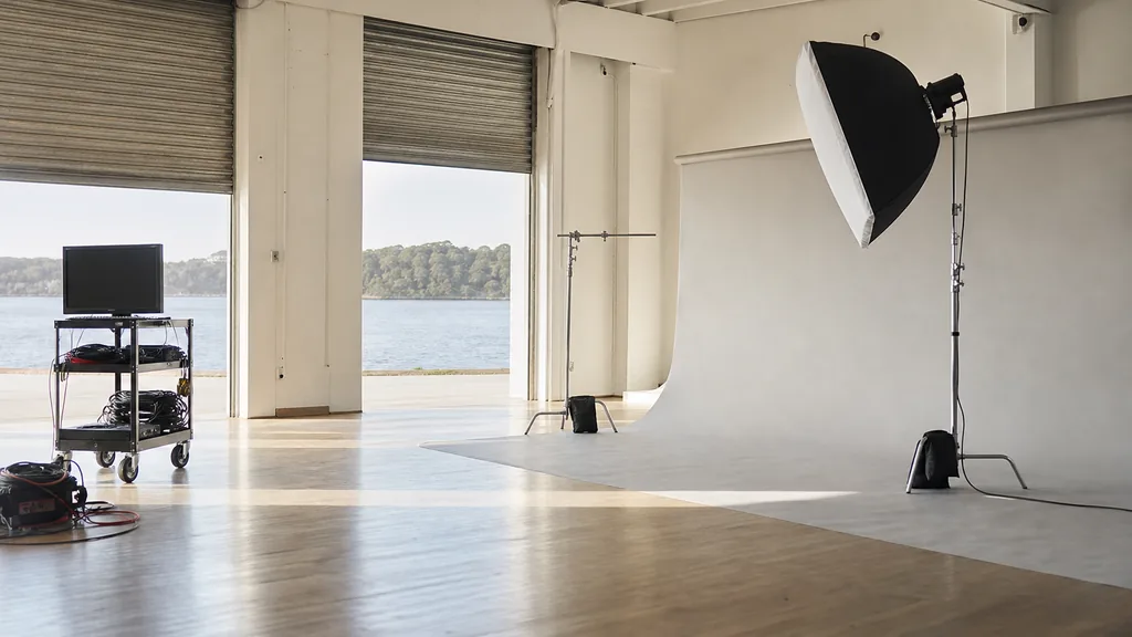 Photograph of an empty video production studio in Sydney with a cyclorama backdrop, a softbox on a light stand, a c-stand, cable coils and a monitor cart, illustrating this comparison of 12 Sydney video production agencies