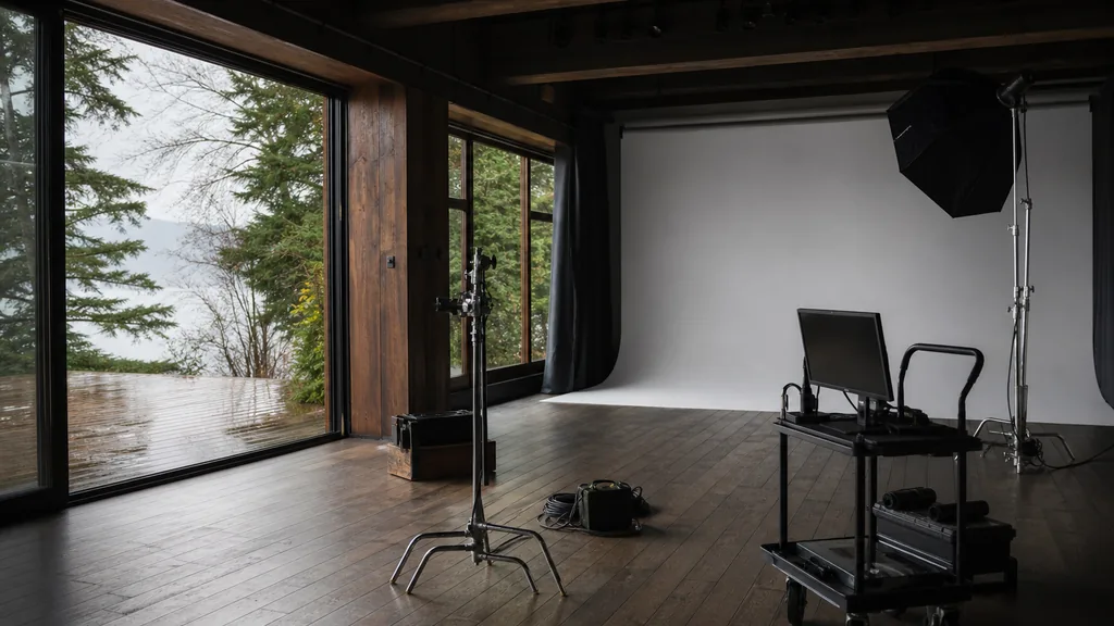 Photograph of an empty video production studio in Vancouver with a cyclorama backdrop, a softbox on a light stand, a c-stand, cable coils and a monitor cart, illustrating this comparison of 9 Vancouver video production agencies