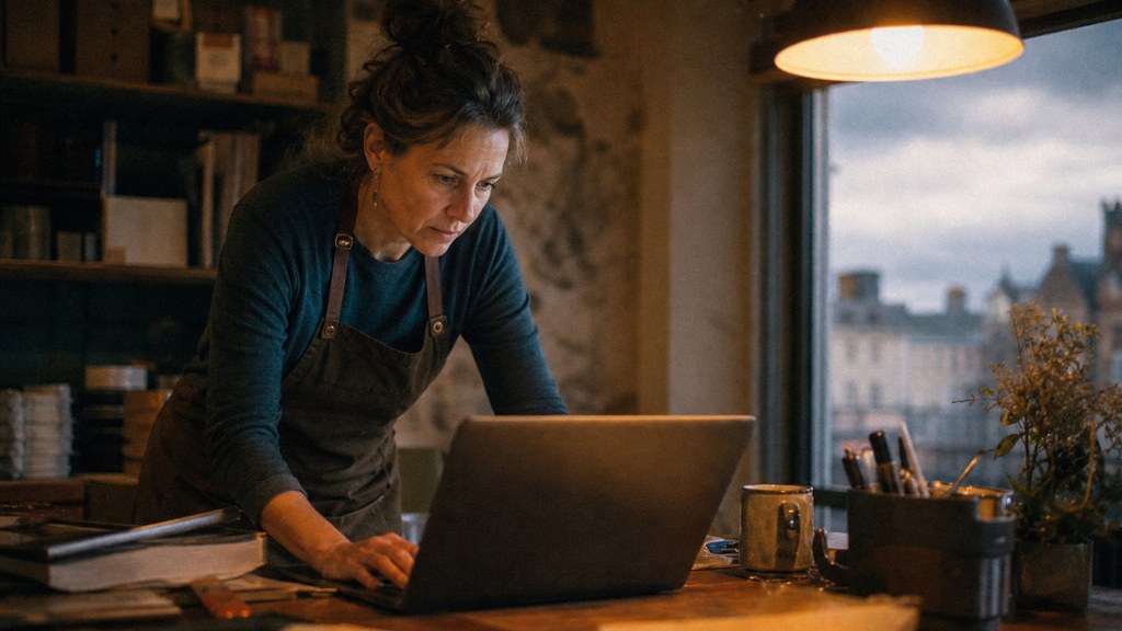 A small-business owner in an apron leaning over a laptop on a cluttered back-office desk late in the day, photographed in Cardiff
