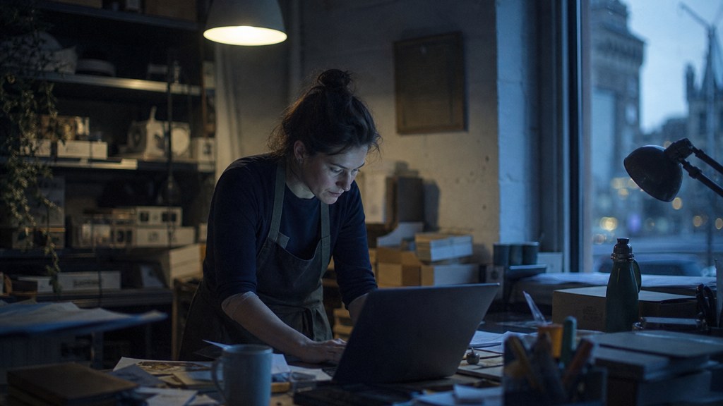 A small-business owner in an apron leaning over a laptop on a cluttered back-office desk late in the day, photographed in Cardiff