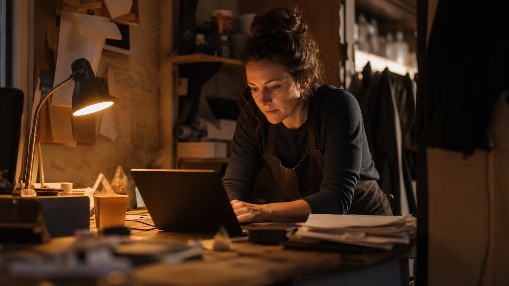 A small-business owner in an apron leaning over a laptop on a cluttered back-office desk late in the day, photographed in Cardiff
