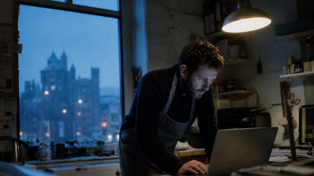 A small-business owner in an apron leaning over a laptop on a cluttered back-office desk late in the day, photographed in Cardiff