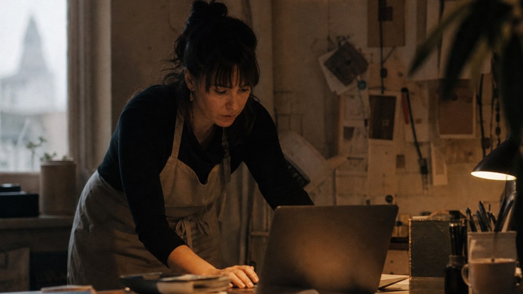 A small-business owner in an apron leaning over a laptop on a cluttered back-office desk late in the day, photographed in Cardiff