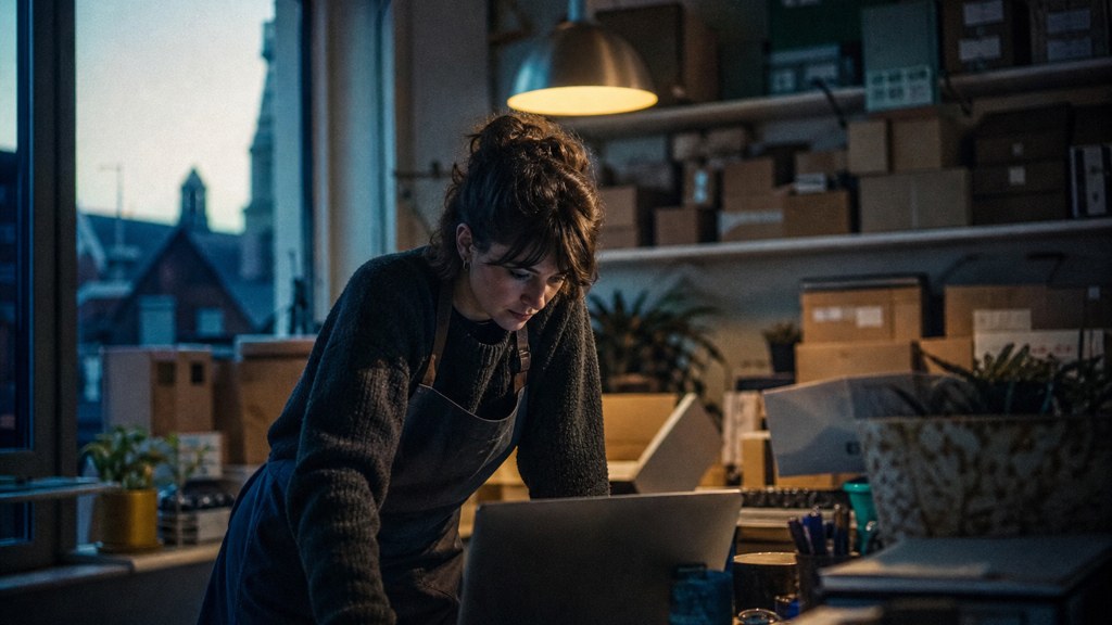 A small-business owner in an apron leaning over a laptop on a cluttered back-office desk late in the day, photographed in Cardiff