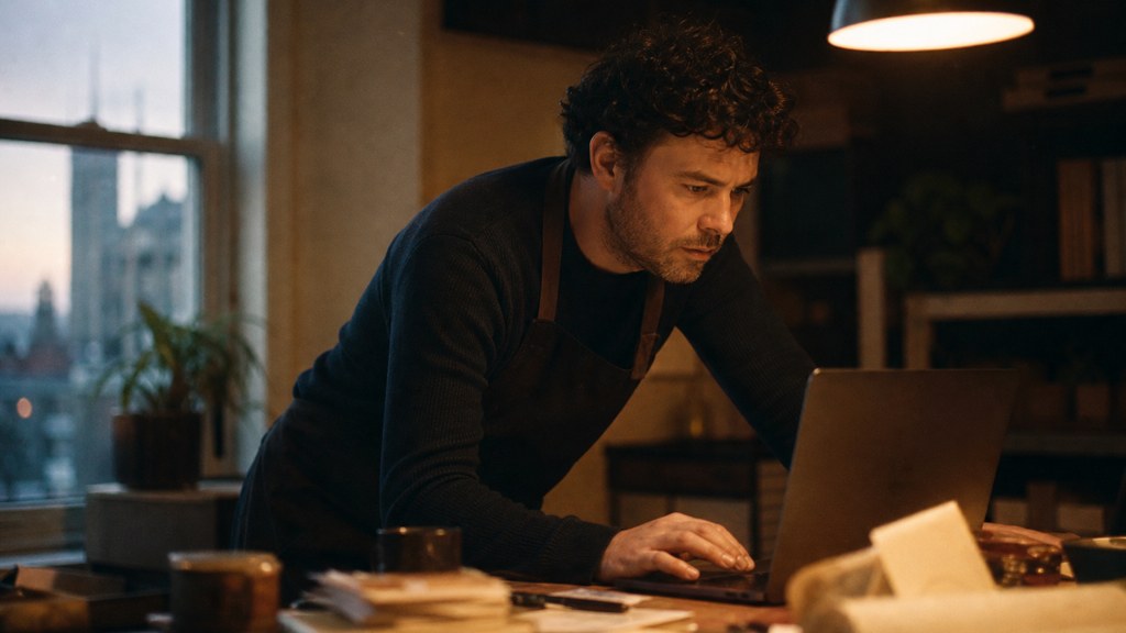 A small-business owner in an apron leaning over a laptop on a cluttered back-office desk late in the day, photographed in Cardiff