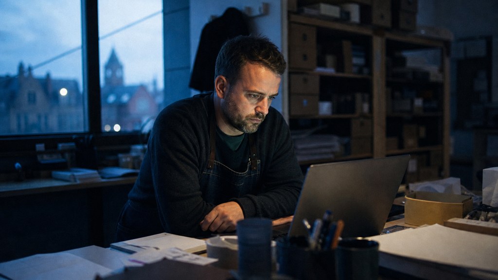 A small-business owner in an apron leaning over a laptop on a cluttered back-office desk late in the day, photographed in Cardiff
