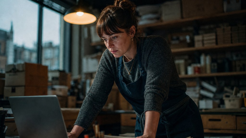 A small-business owner in an apron leaning over a laptop on a cluttered back-office desk late in the day, photographed in Cardiff