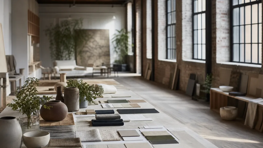 Photograph of an empty New York creative studio with tall industrial windows, exposed brick and a long worktable of fabric swatches, ceramics and colour cards arranged like a moodboard, illustrating this comparison of 12 New York Pinterest ads agencies
