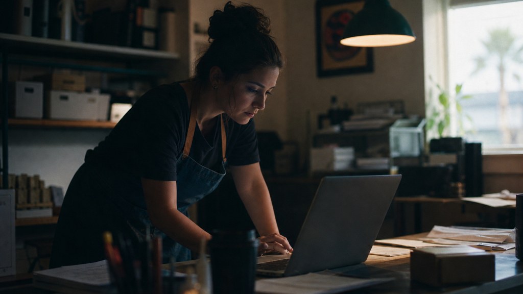 A small-business owner in an apron leaning over a laptop on a cluttered back-office desk late in the day, photographed in Chandler