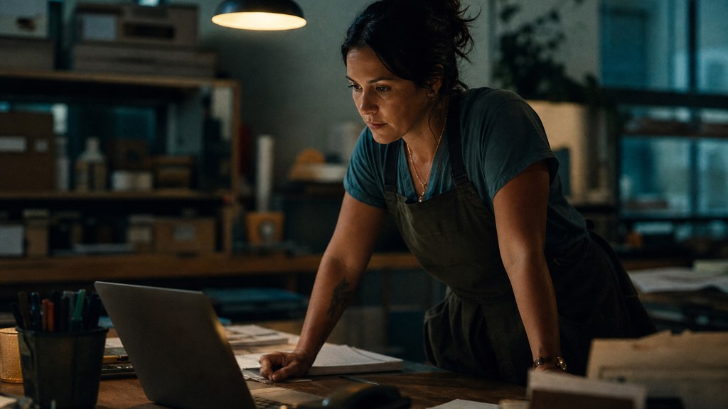 A small-business owner in an apron leaning over a laptop on a cluttered back-office desk late in the day, photographed in Chandler