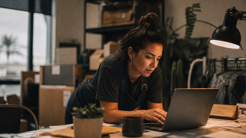 A small-business owner in an apron leaning over a laptop on a cluttered back-office desk late in the day, photographed in Chandler