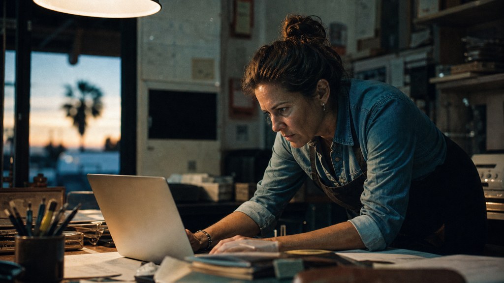 A small-business owner in an apron leaning over a laptop on a cluttered back-office desk late in the day, photographed in Chandler