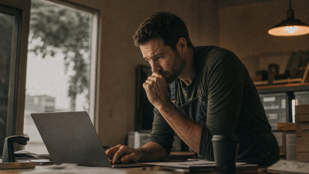 A small-business owner in an apron leaning over a laptop on a cluttered back-office desk late in the day, photographed in Chandler
