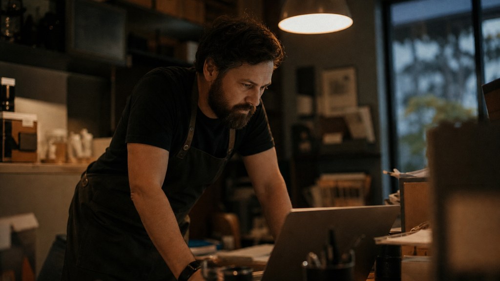 A small-business owner in an apron leaning over a laptop on a cluttered back-office desk late in the day, photographed in Chandler