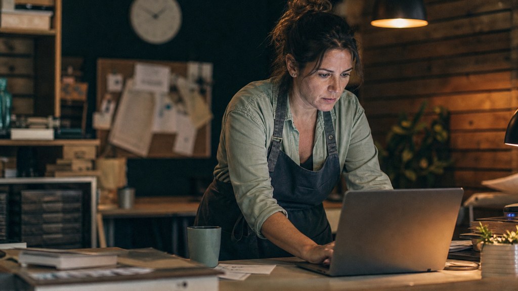 A small-business owner in an apron leaning over a laptop on a cluttered back-office desk late in the day, photographed in Chandler