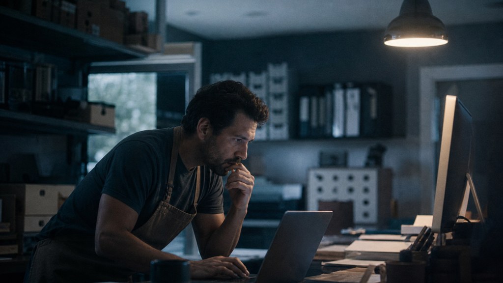 A small-business owner in an apron leaning over a laptop on a cluttered back-office desk late in the day, photographed in Chandler