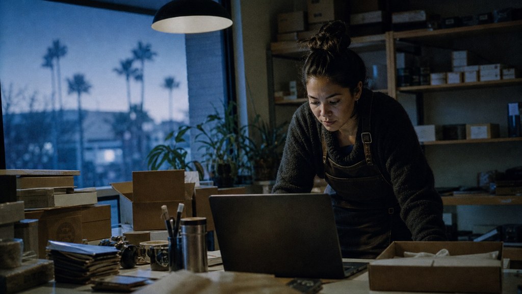 A small-business owner in an apron leaning over a laptop on a cluttered back-office desk late in the day, photographed in Chandler