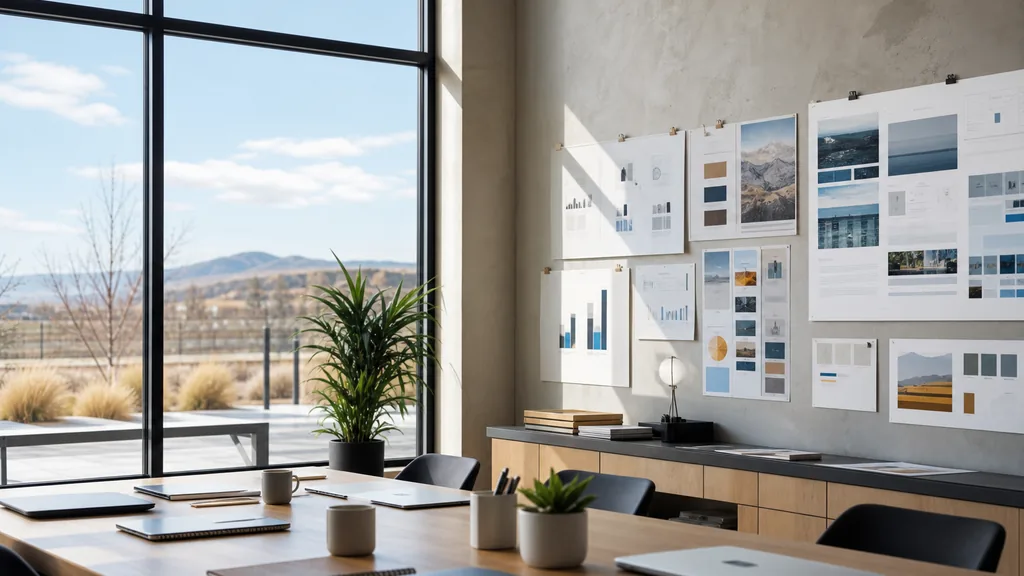 Photorealistic photograph of an empty Aurora, Colorado office with pale plaster, wide glass and clear high-plains daylight, a long desk with closed laptops, notebooks and pinned charts and no people, illustrating this comparison of 15 Aurora email marketing agencies