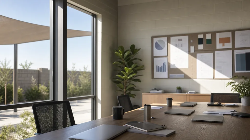 Photorealistic photograph of an empty Glendale, Arizona office with pale block walls, deep shade canopies and hard west valley sun, a long desk with closed laptops, notebooks and pinned charts and no people, illustrating this comparison of 13 Glendale email marketing agencies