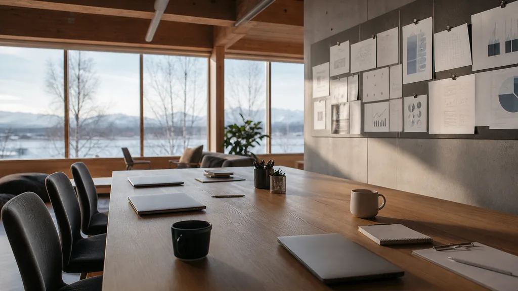 Photorealistic photograph of an empty Anchorage office with warm timber, wide windows and cool low northern light, a long desk with closed laptops, notebooks and pinned charts and no people, illustrating this comparison of 10 Anchorage marketing analytics agencies