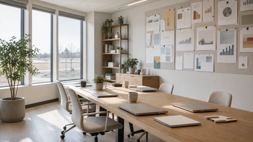 Photorealistic photograph of an empty Aurora, Colorado office with light oak, white walls and bright dry front-range light, a long desk with closed laptops, notebooks and pinned charts and no people, illustrating this comparison of 21 Aurora marketing analytics agencies
