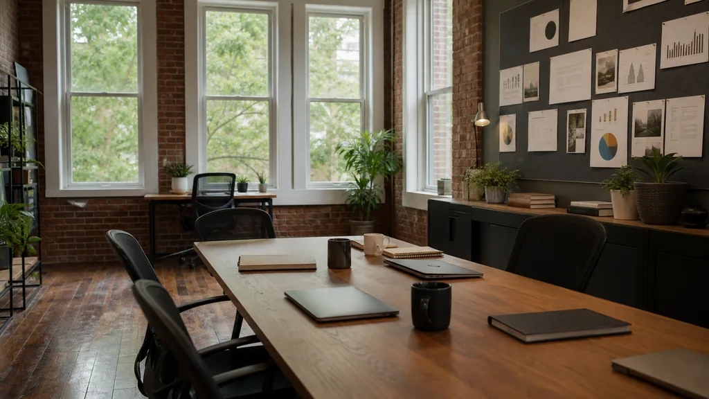 Photorealistic photograph of an empty Fayetteville, North Carolina office with red brick, tall sash windows and soft humid southern light, a long desk with closed laptops, notebooks and pinned charts and no people, illustrating this comparison of 11 Fayetteville marketing analytics agencies