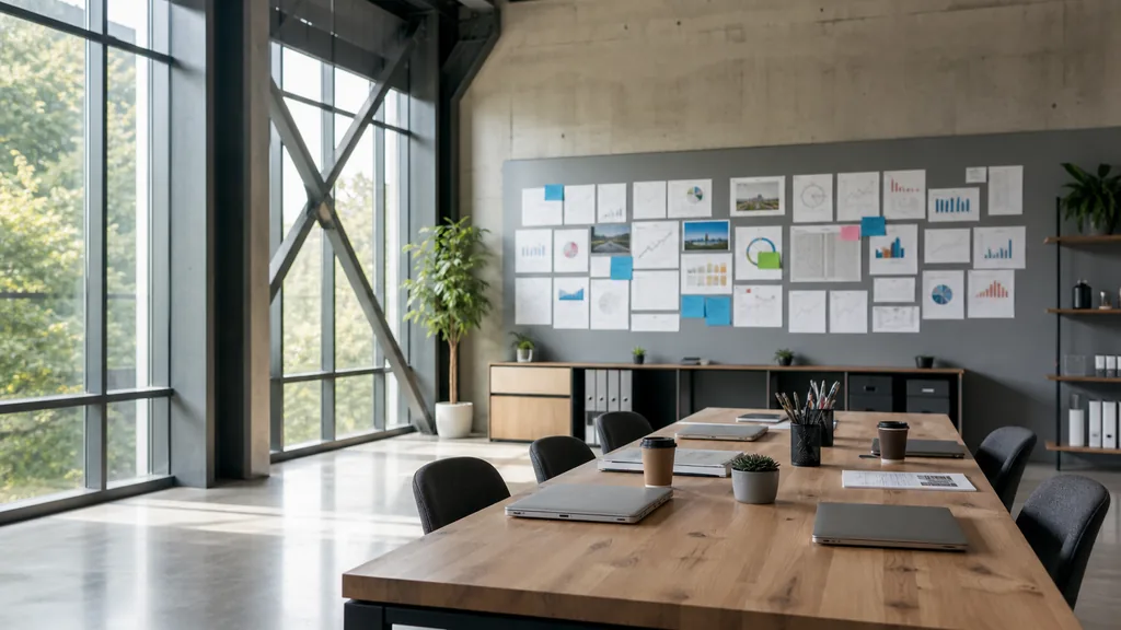Photorealistic photograph of an empty Huntsville, Alabama office with pale concrete, steel framing and clean bright daylight, a long desk with closed laptops, notebooks and pinned charts and no people, illustrating this comparison of 9 Huntsville marketing analytics agencies