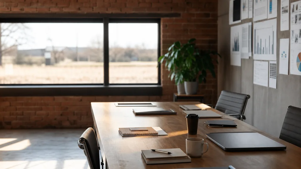Photorealistic photograph of an empty Lubbock, Texas office with warm brick, wide low windows and flat bright west Texas light, a long desk with closed laptops, notebooks and pinned charts and no people, illustrating this comparison of 18 Lubbock marketing analytics agencies