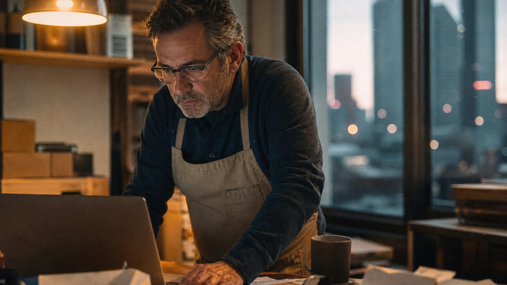 A small-business owner in an apron leaning over a laptop on a cluttered back-office desk late in the day, photographed in Charlotte
