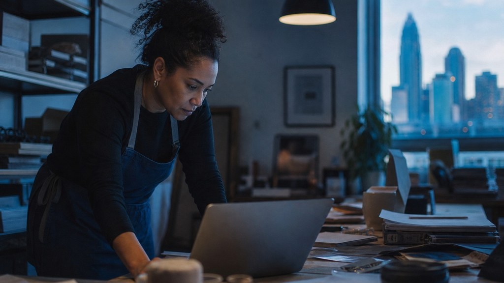 A small-business owner in an apron leaning over a laptop on a cluttered back-office desk late in the day, photographed in Charlotte