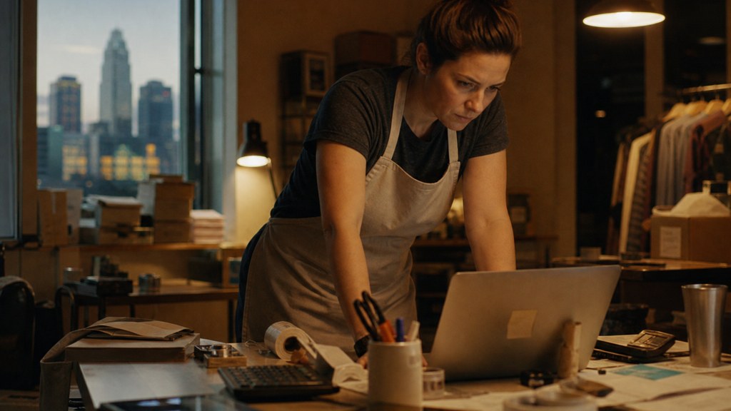 A small-business owner in an apron leaning over a laptop on a cluttered back-office desk late in the day, photographed in Charlotte