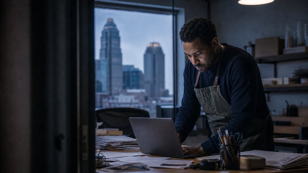A small-business owner in an apron leaning over a laptop on a cluttered back-office desk late in the day, photographed in Charlotte