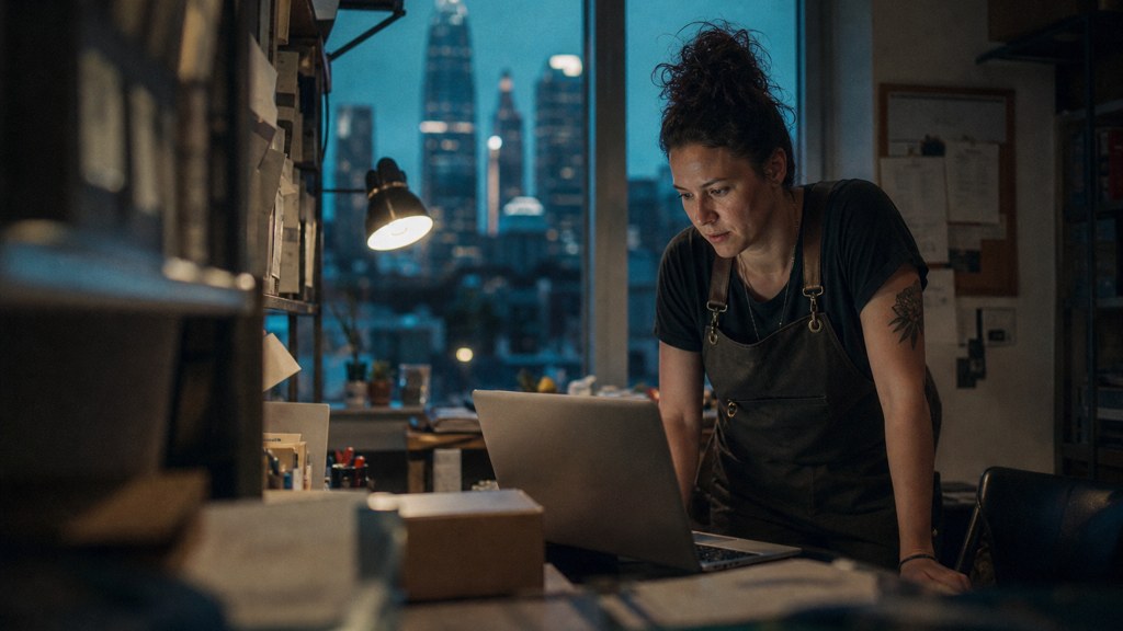 A small-business owner in an apron leaning over a laptop on a cluttered back-office desk late in the day, photographed in Charlotte