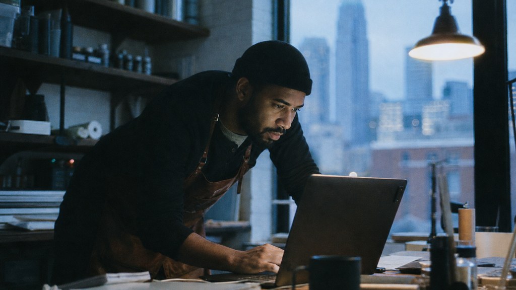 A small-business owner in an apron leaning over a laptop on a cluttered back-office desk late in the day, photographed in Charlotte