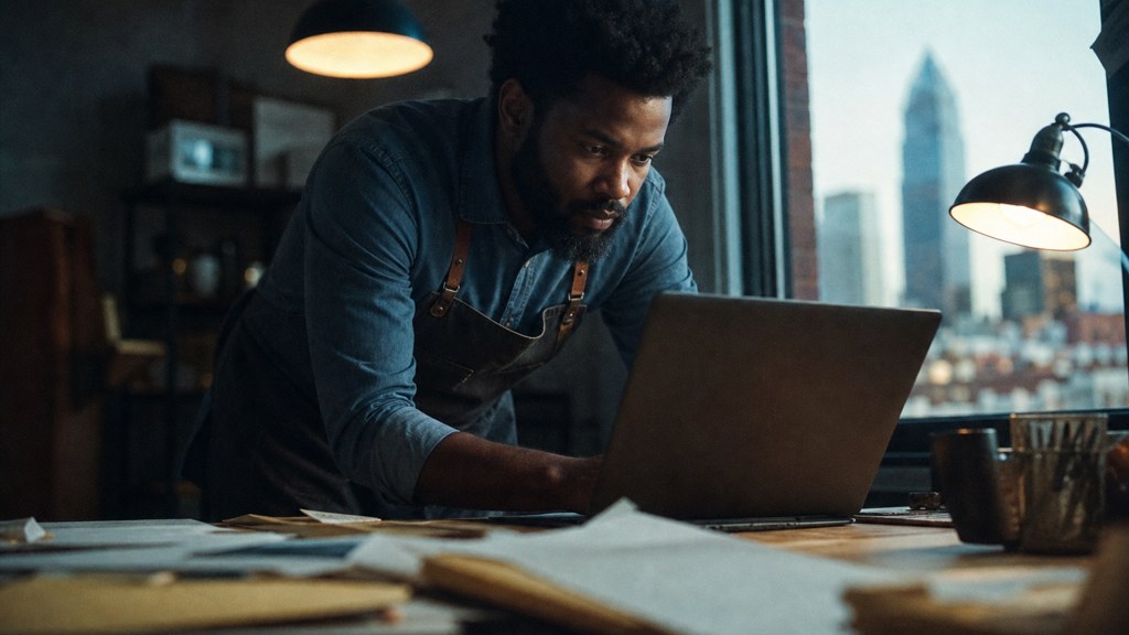 A small-business owner in an apron leaning over a laptop on a cluttered back-office desk late in the day, photographed in Charlotte